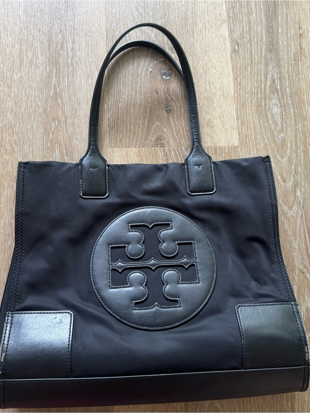 Tory Burch Black Nylon Logo Tote with Leather Trim